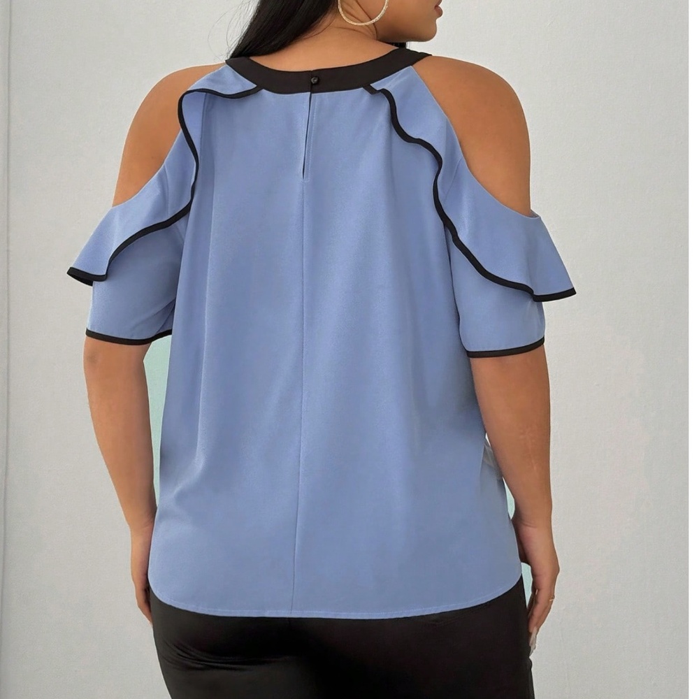 Plus Color Block Cold Shoulder Ruffle Detail Short Sleeve Blouse - Picture 7 of 11